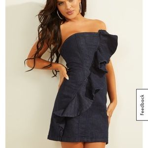 Guess Strapless Ruffle Jean Dress Mini
